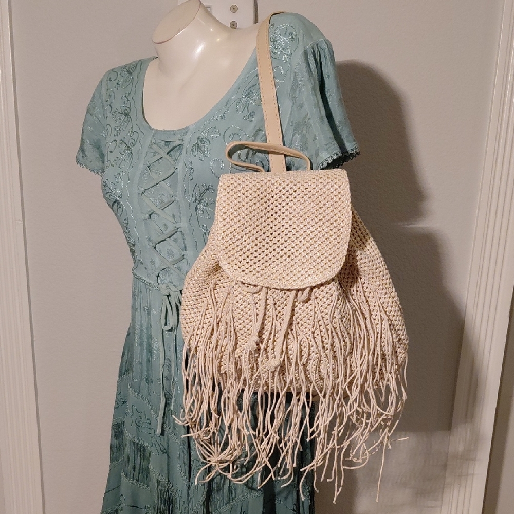 YSC Cream Woven Fringe Backpack
